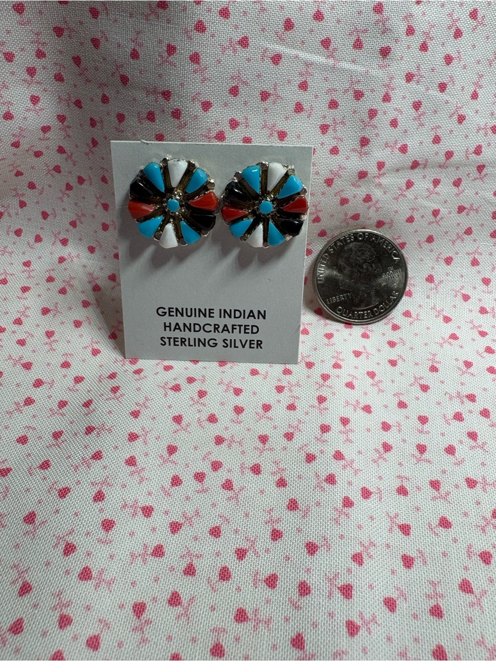 Handcrafted Sterling Silver Inlay Stud Earrings - Turquoise, Red & White